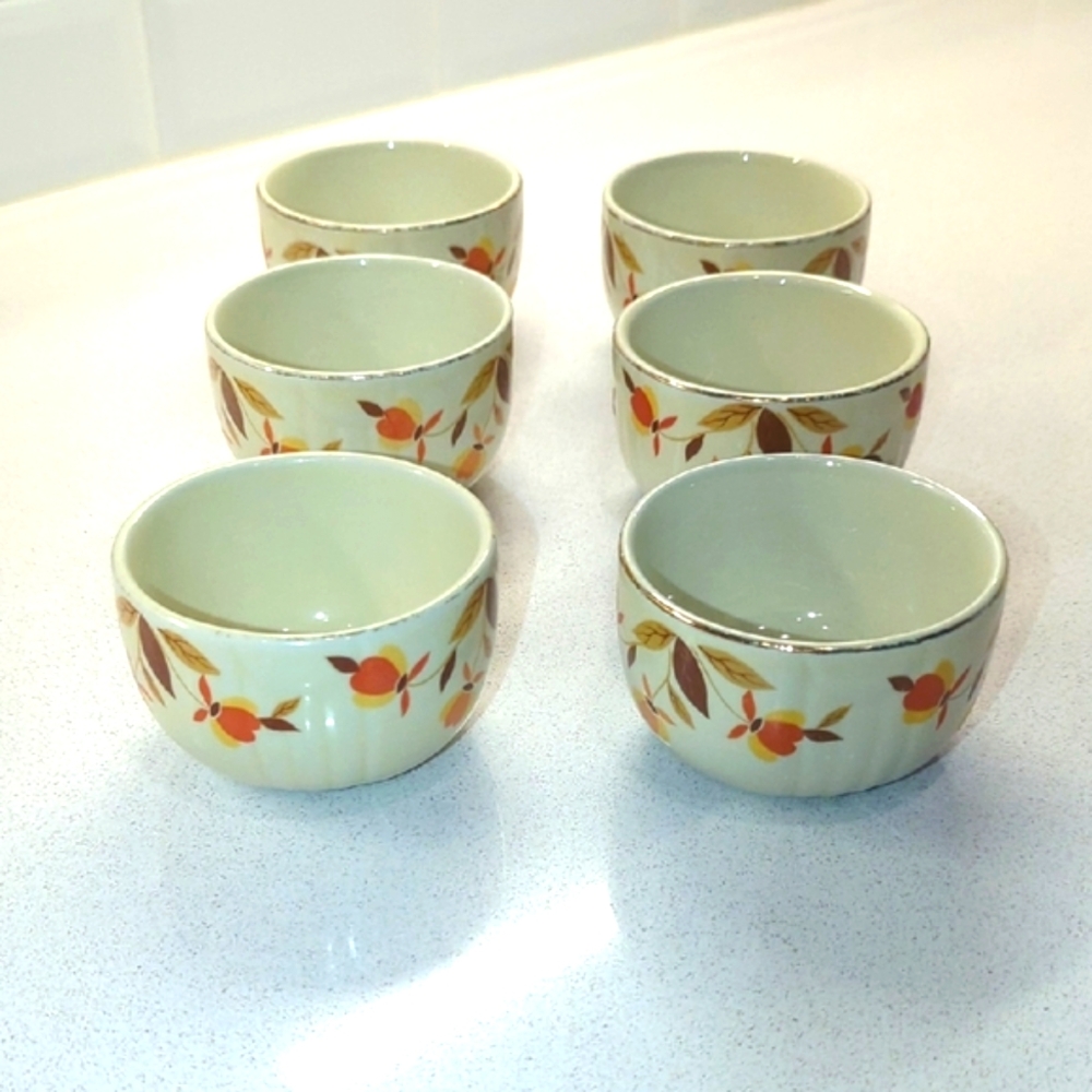 Vintage "Hall's Superior Quality Set of 6 Fall Floral Gold Trim Custard Cups"